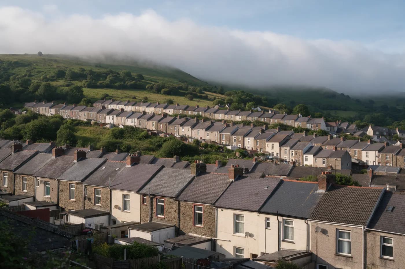 Rows of terraced houses stepping up a green hillside in a South Wales valley, with low cloud on the hills