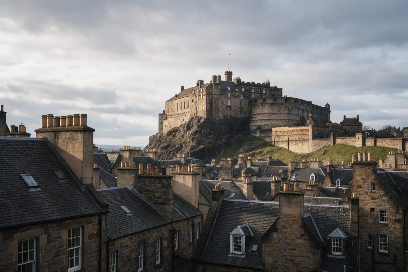 Edinburgh Castle on its rock above the stone tenements and chimneys of the Old Town