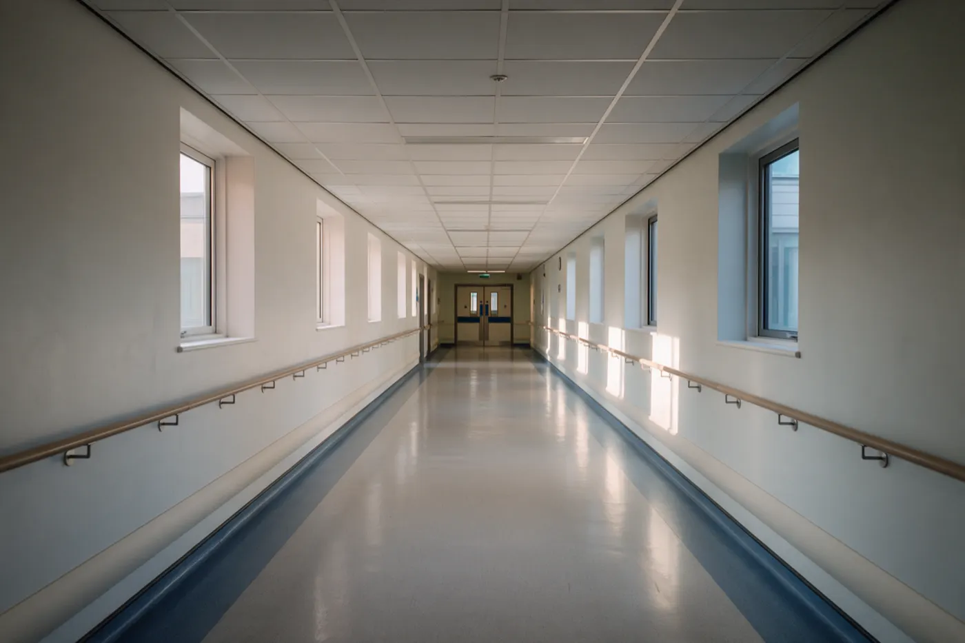 An empty hospital corridor with handrails along both walls and double doors at the far end