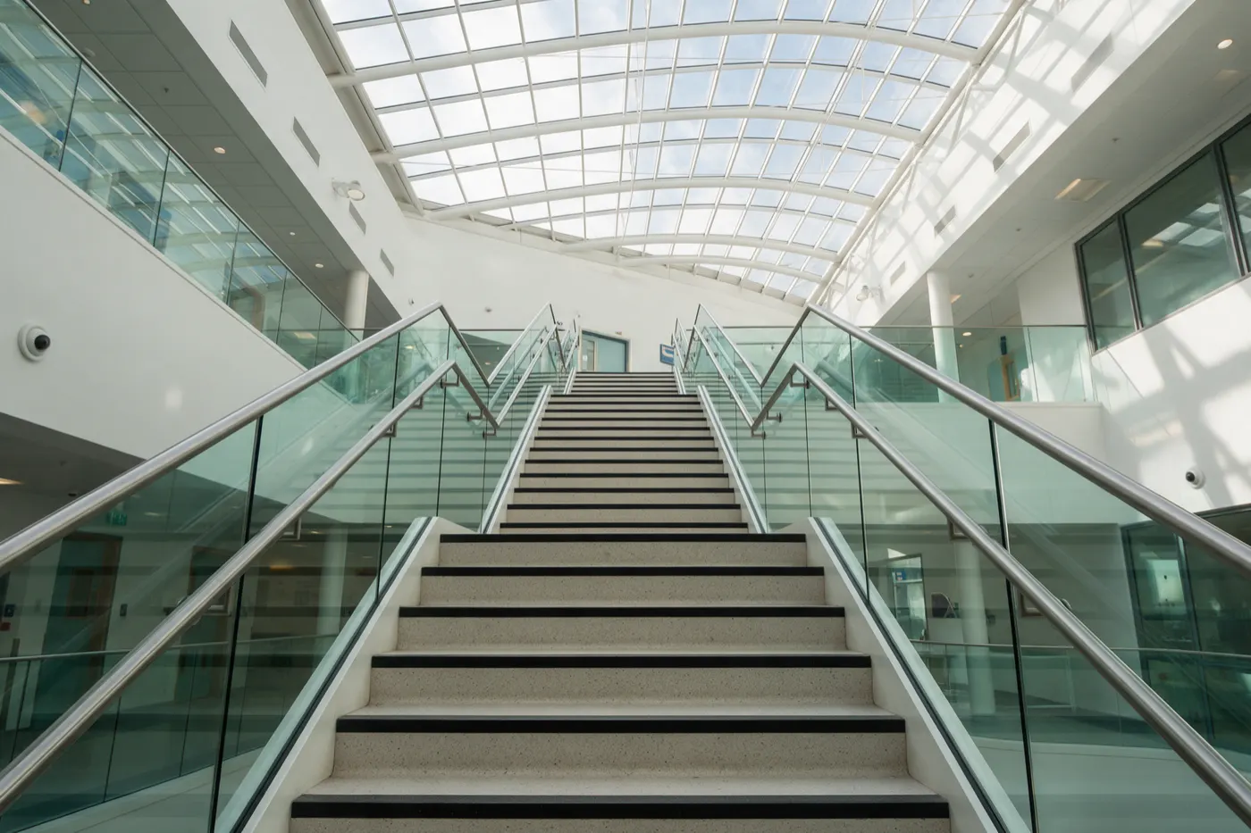 A wide staircase with glass balustrades rising through a bright hospital atrium