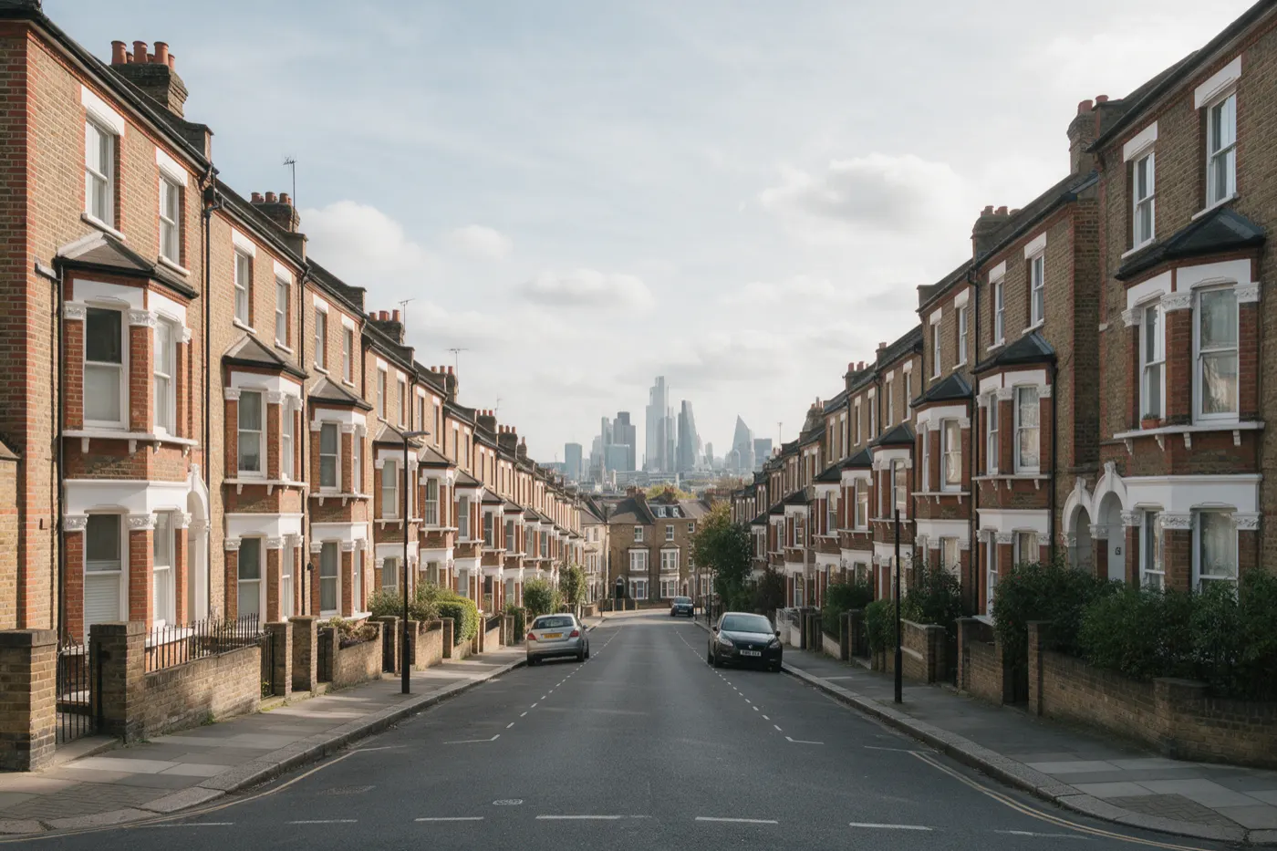 A London street of Victorian terraced houses with the City skyline in the distance