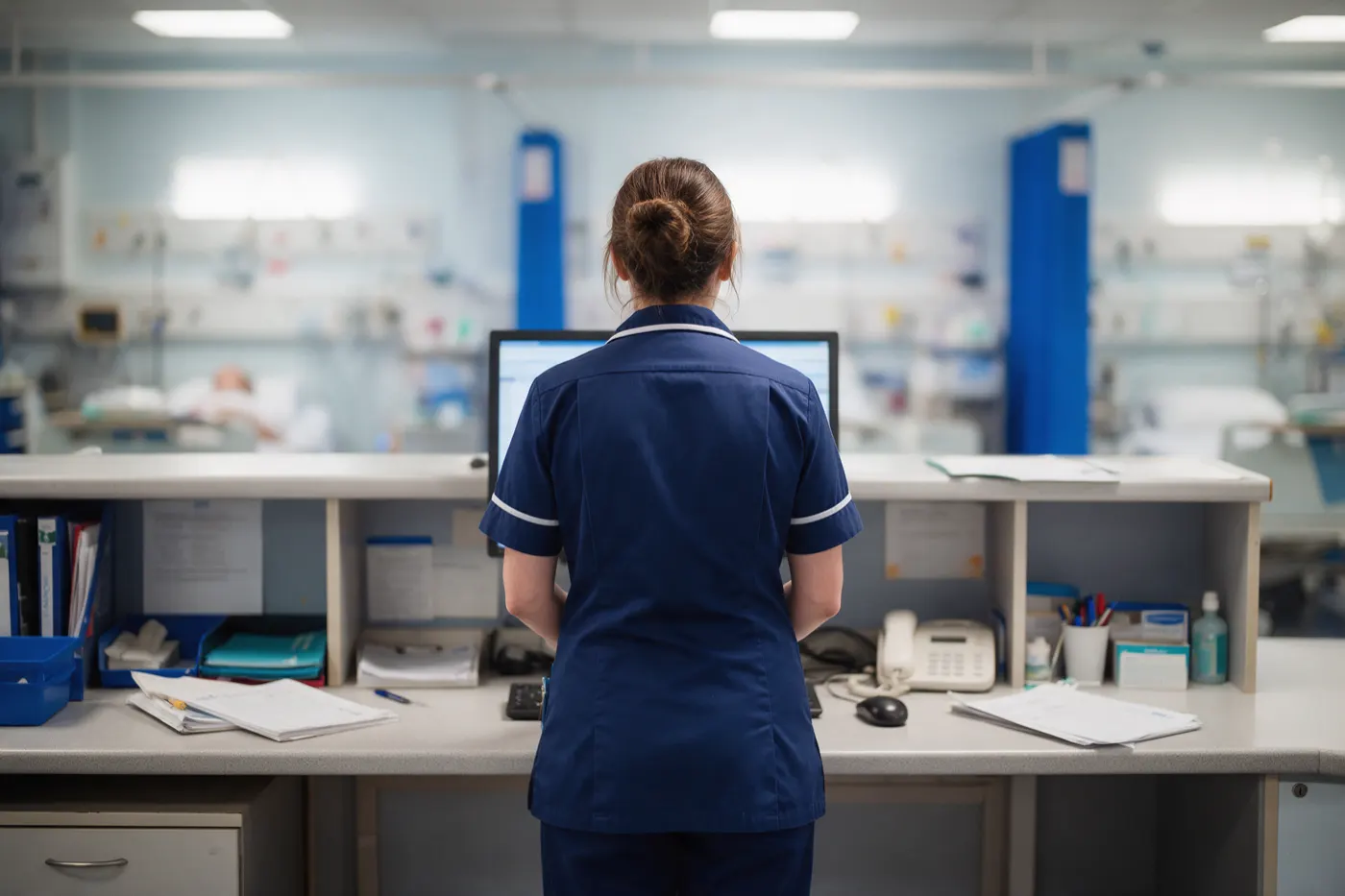 A nurse in a navy tunic, seen from behind, standing at the nurses' station on a hospital ward