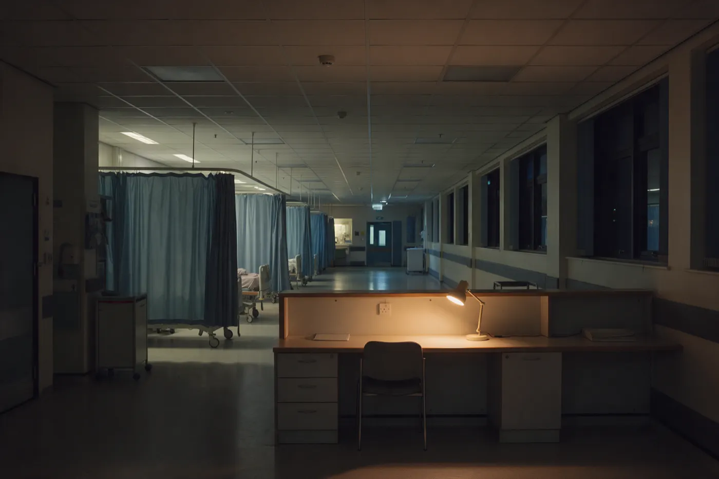 A hospital ward at night, lights dimmed, with a desk lamp lit at the empty nurses' station