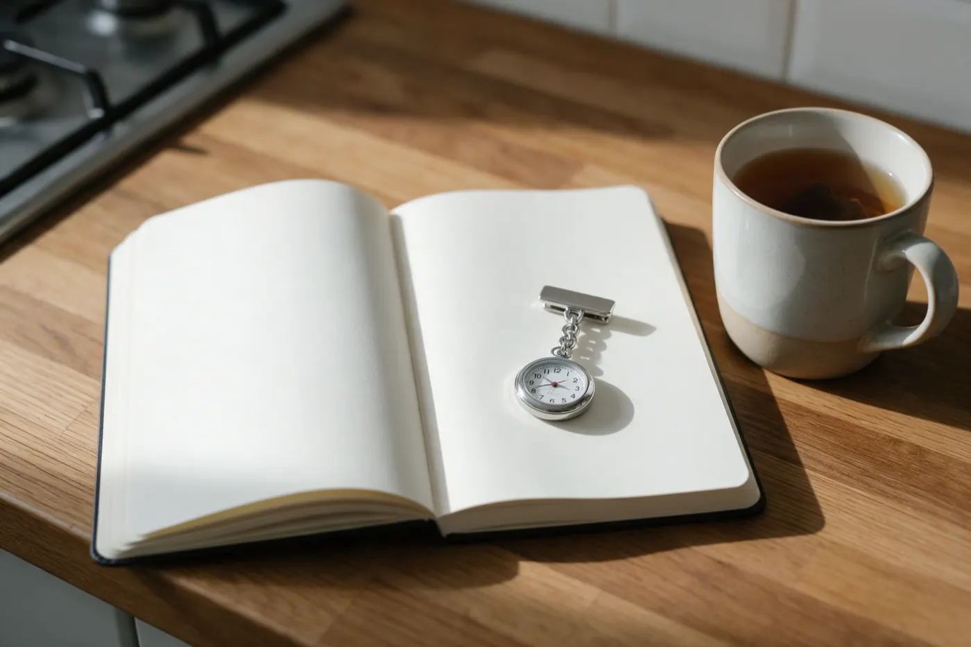 A nurse's fob watch lying on an open notebook beside a mug of tea