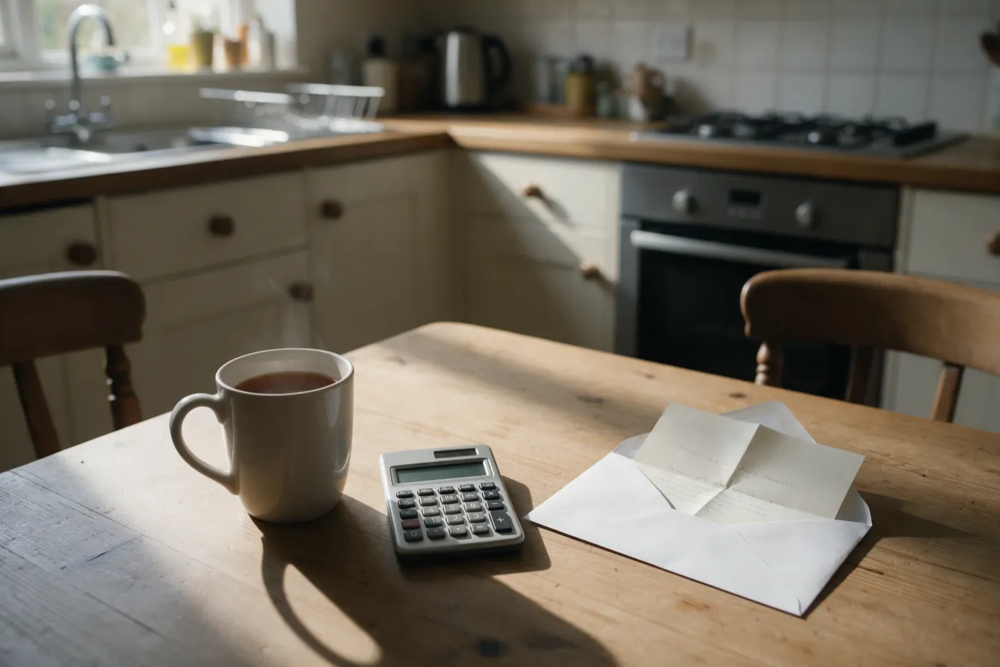 A mug of tea, a calculator and an opened letter on a kitchen table