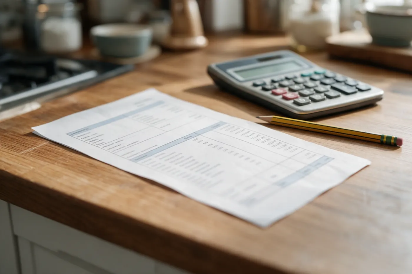 A printed payslip on a kitchen worktop beside a calculator and a pencil