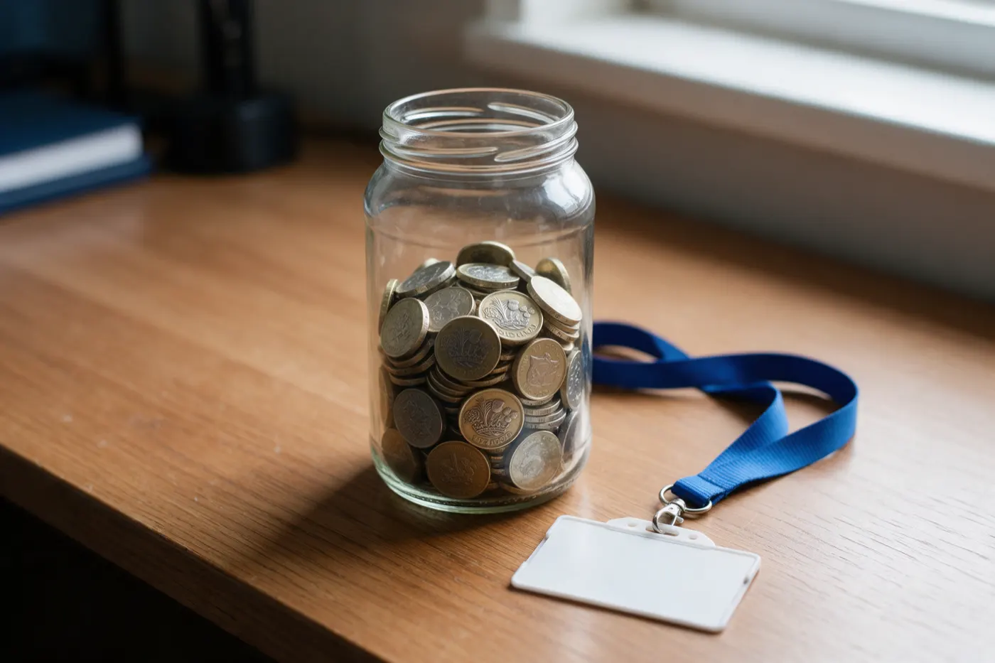 A glass jar of pound coins on a desk beside a staff lanyard with a blank ID card