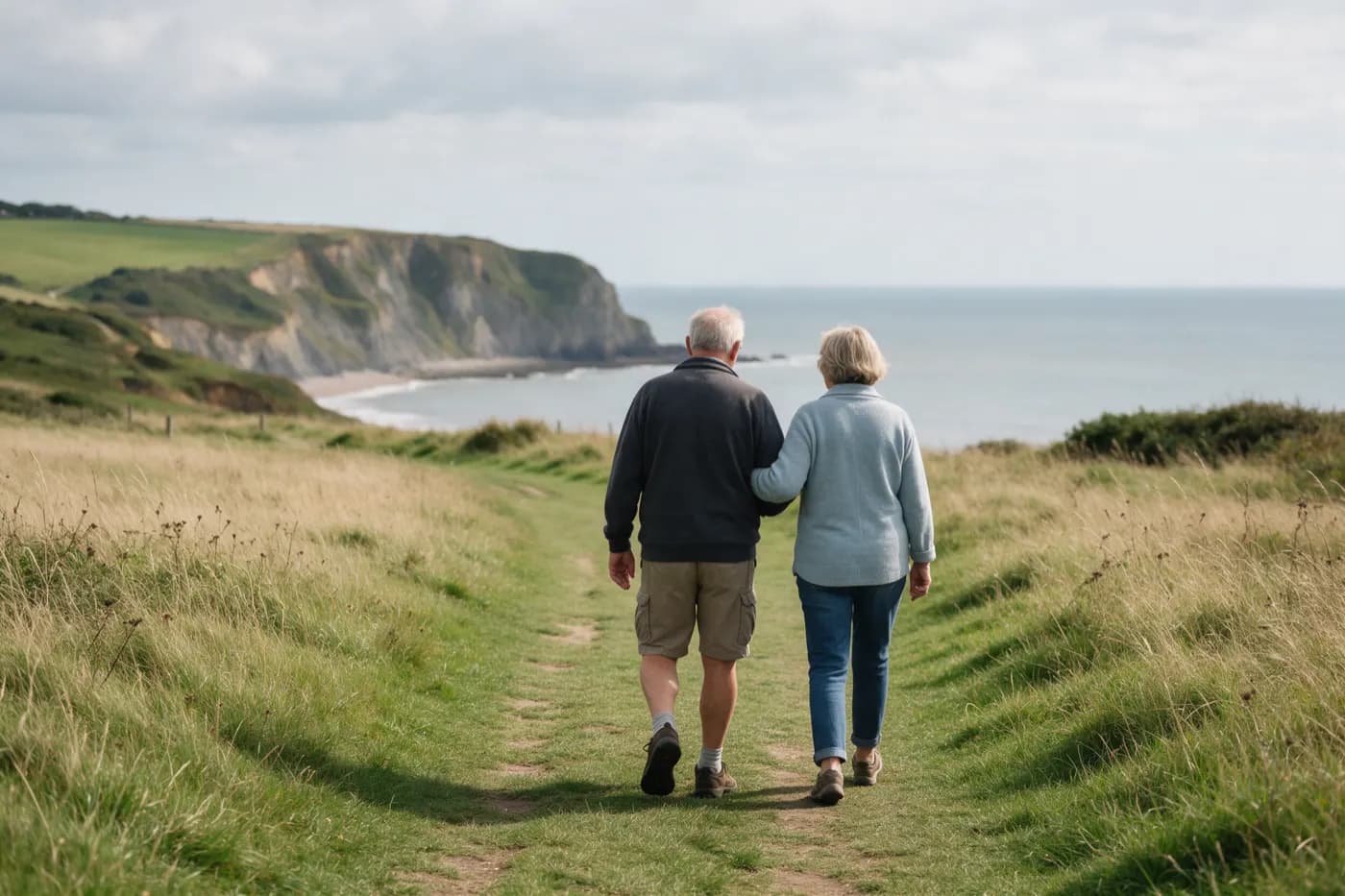 An older couple walking arm in arm along a grassy coastal path towards the sea