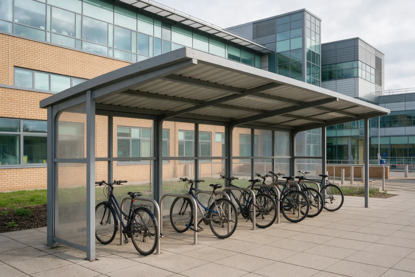 Bicycles locked to the stands in a covered cycle shelter outside a hospital building