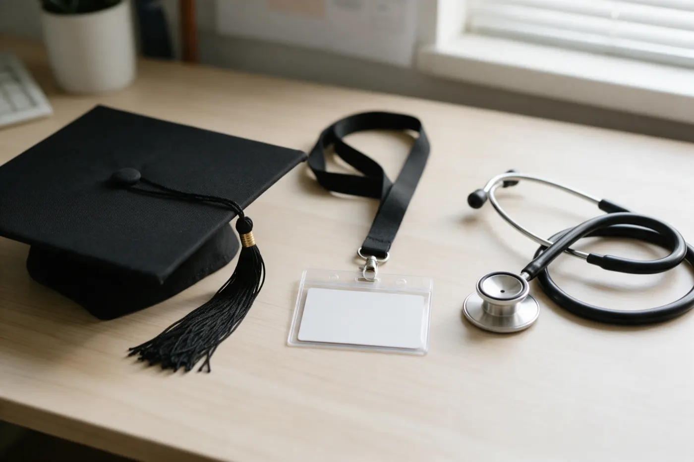 A graduation mortarboard, a staff lanyard and a stethoscope laid out on a desk
