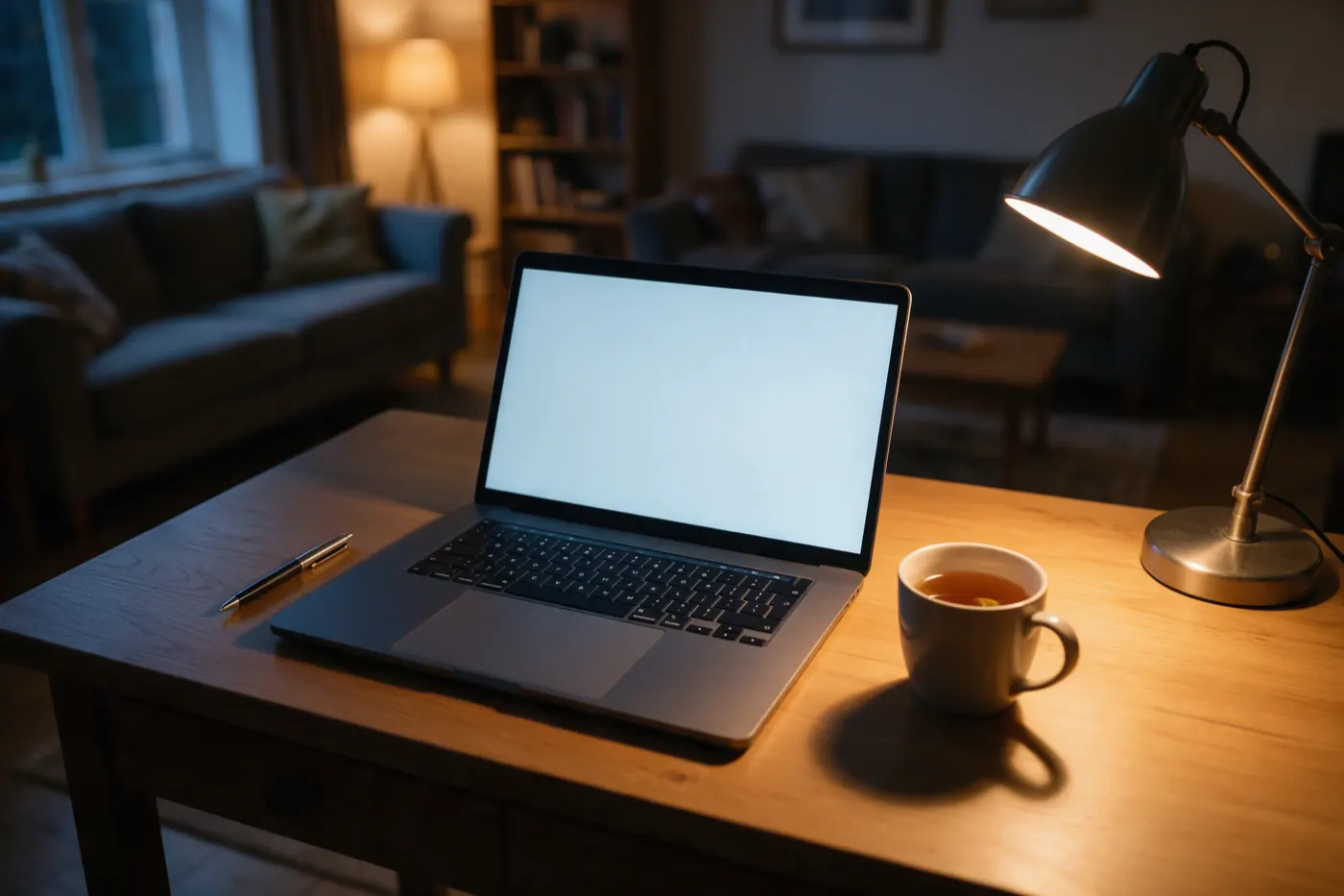 A laptop, a pen and a mug of tea on a desk under a lamp in the evening